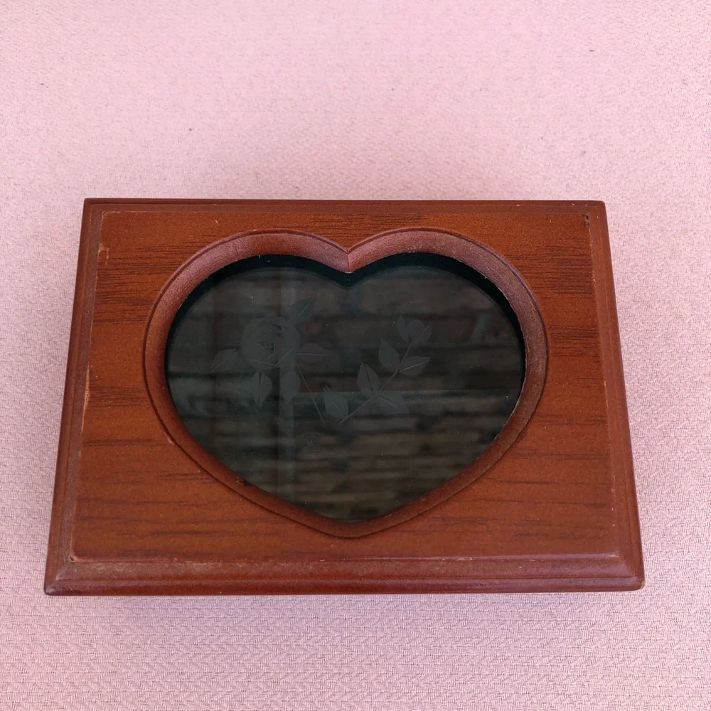 Vintage Solid Wood Small Jewelry Box, Heart Shape Etched Glass Window, Padded